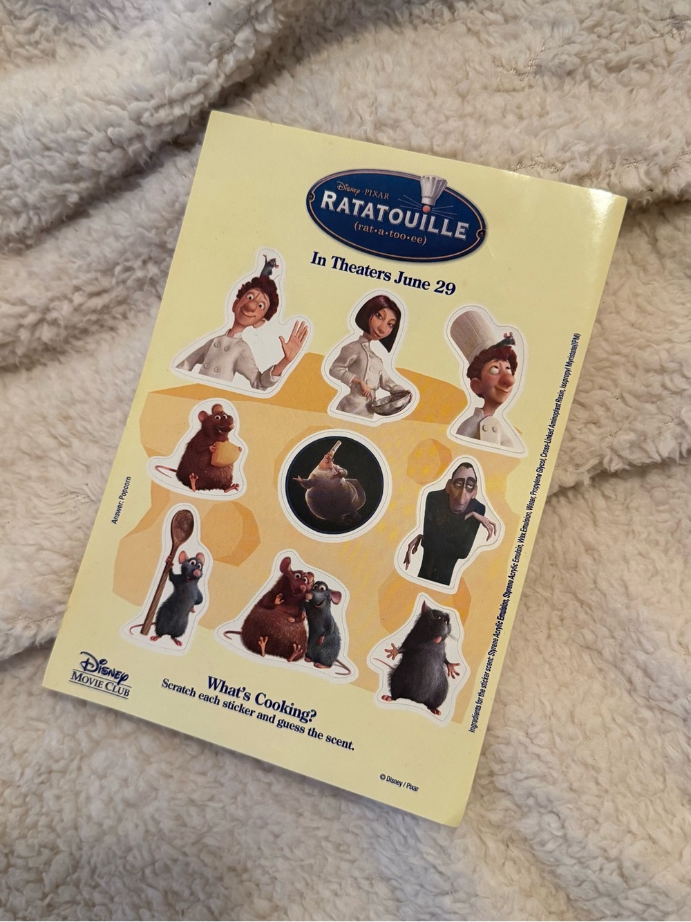 Disney Movie Club Ratatouille 2007 Scratch And Sniff Popcorn Stickers NEW!!!